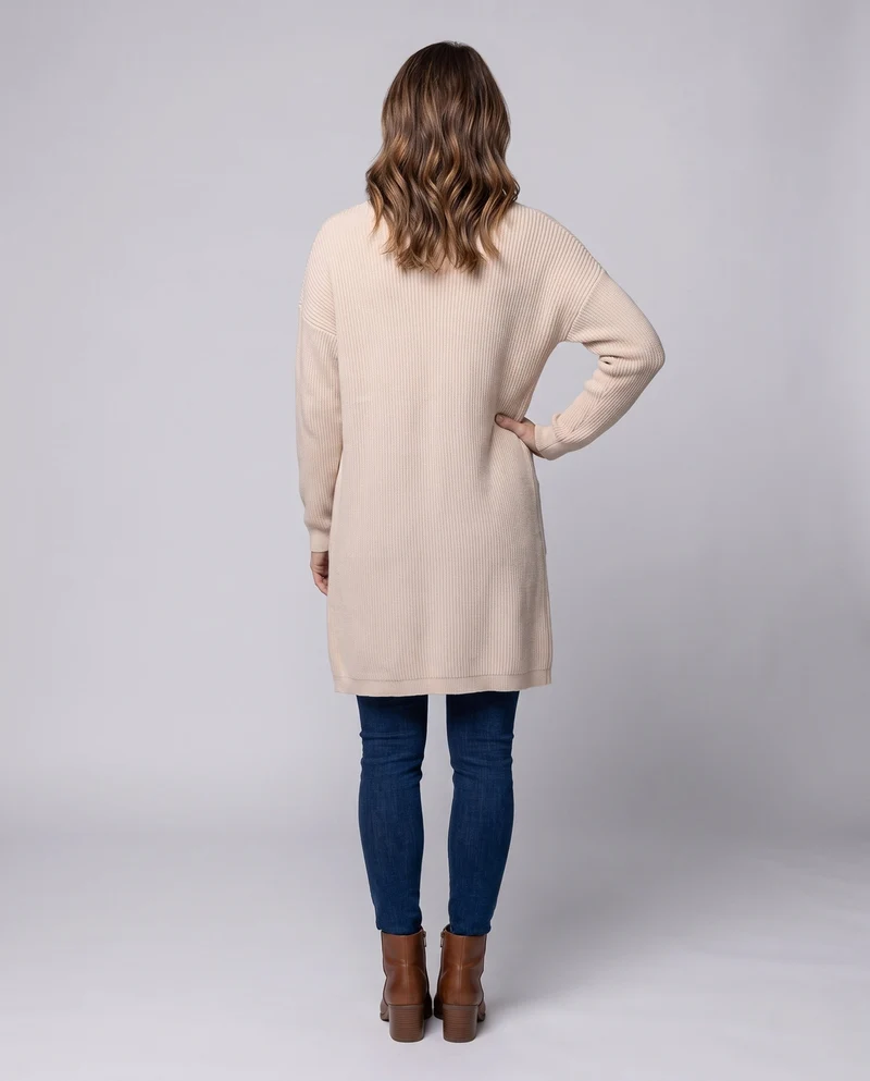 Damen Longline-Strickcardigan mit Rippenstruktur und aufgesetzten Taschen Nord Taschen