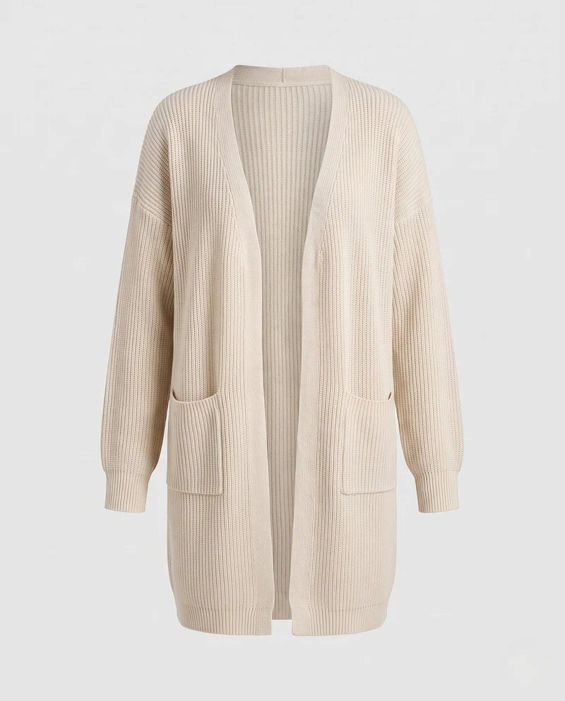 Damen Longline-Strickcardigan mit Rippenstruktur und aufgesetzten Taschen Nord Taschen