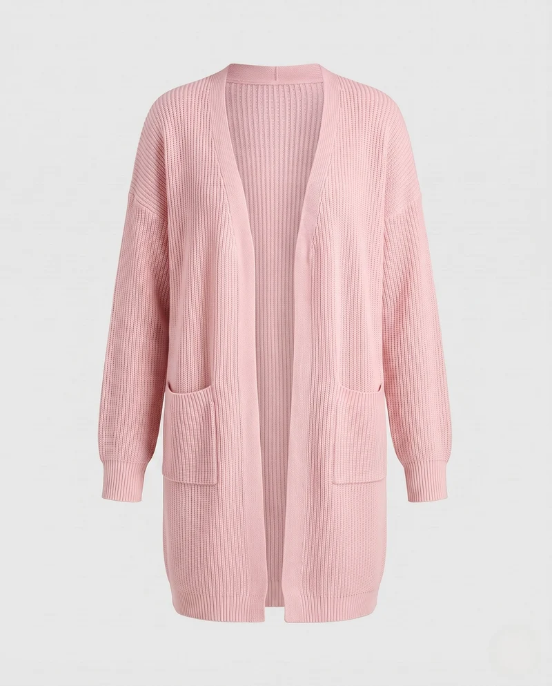 Damen Longline-Strickcardigan mit Rippenstruktur und aufgesetzten Taschen Nord Taschen