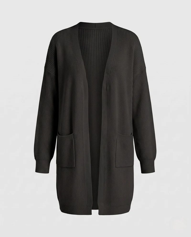 Damen Longline-Strickcardigan mit Rippenstruktur und aufgesetzten Taschen Nord Taschen