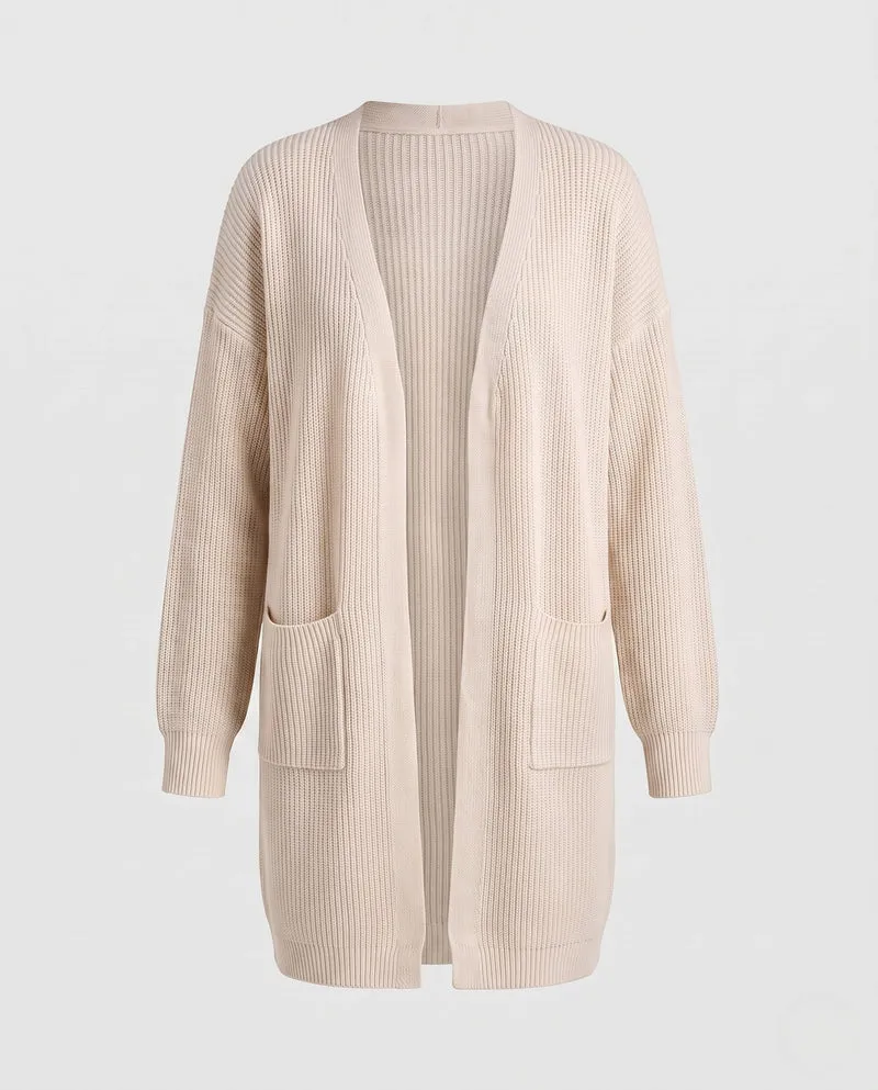 Damen Longline-Strickcardigan mit Rippenstruktur und aufgesetzten Taschen Nord Taschen