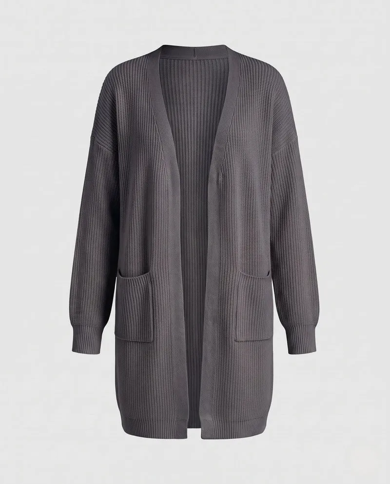 Damen Longline-Strickcardigan mit Rippenstruktur und aufgesetzten Taschen Nord Taschen