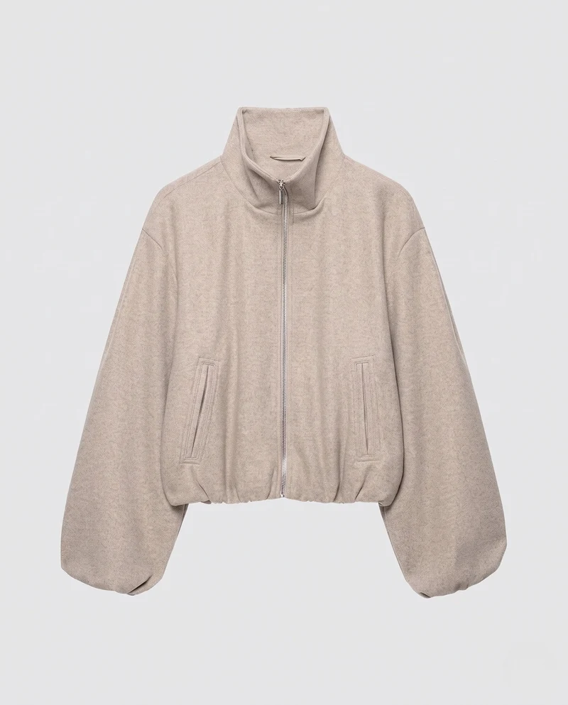 Damen Oversize Kurzjacke aus Wollmix mit hohem Funnelkragen und Ballonärmeln Nord Taschen