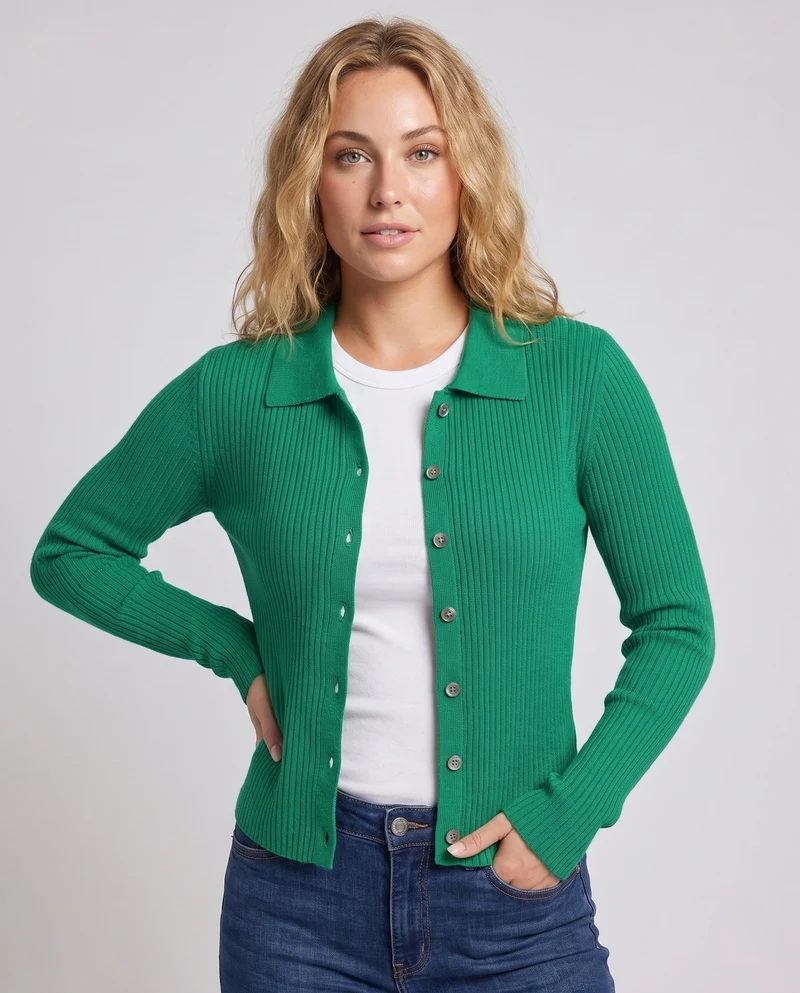 Damen Gerippter Button-Cardigan mit Polokragen und kaschmirähnlicher Weichheit Nord Taschen