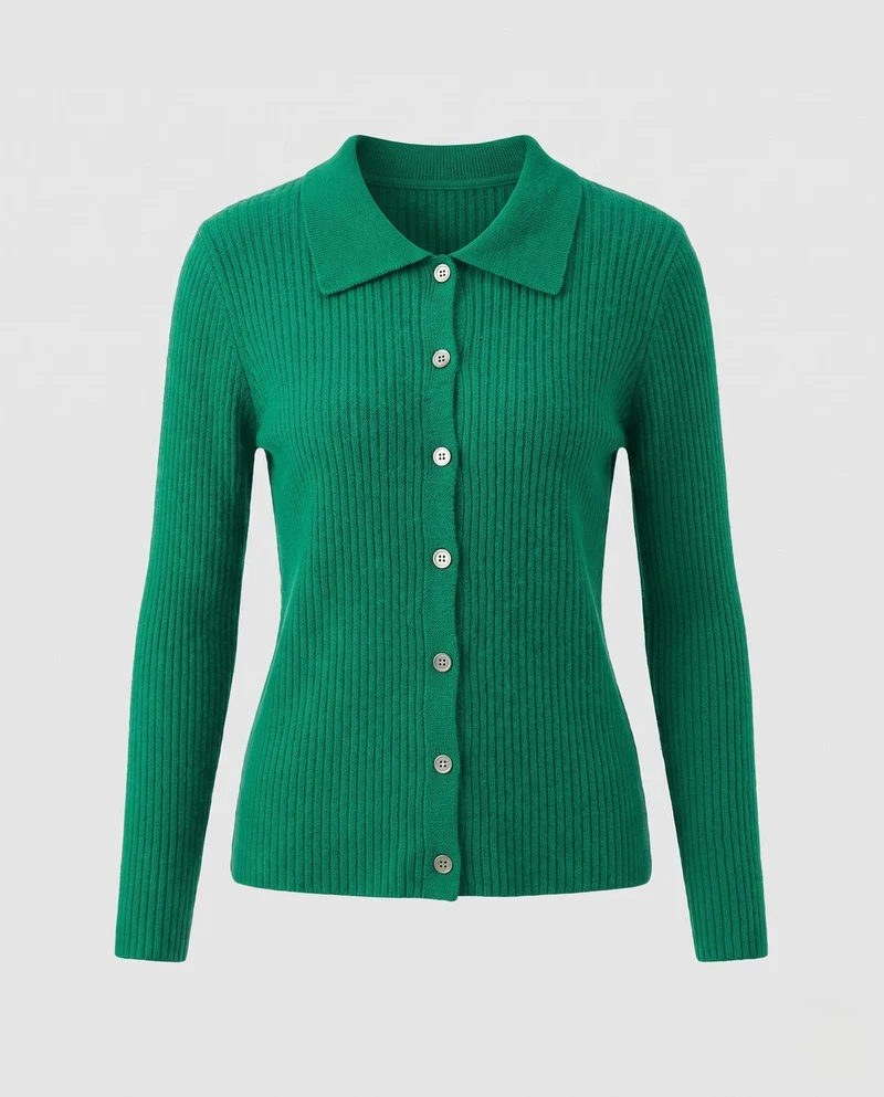 Damen Gerippter Button-Cardigan mit Polokragen und kaschmirähnlicher Weichheit Nord Taschen