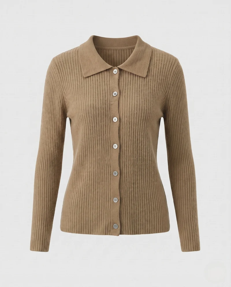 Damen Gerippter Button-Cardigan mit Polokragen und kaschmirähnlicher Weichheit Nord Taschen