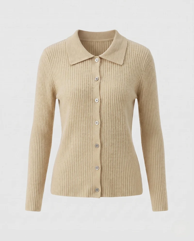 Damen Gerippter Button-Cardigan mit Polokragen und kaschmirähnlicher Weichheit Nord Taschen