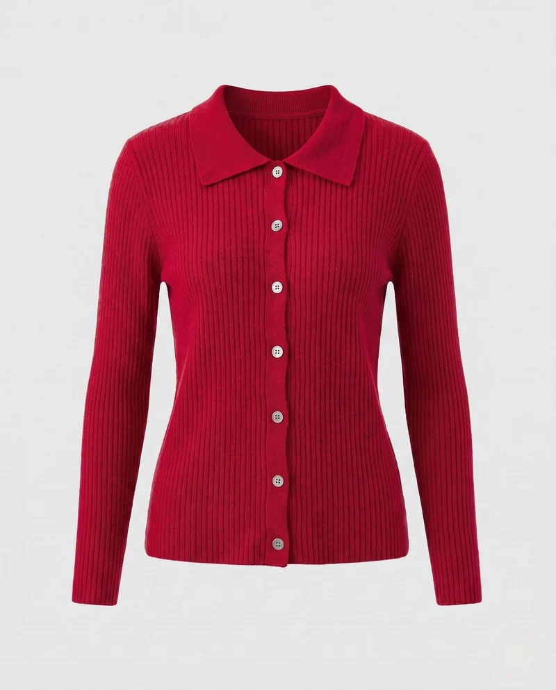 Damen Gerippter Button-Cardigan mit Polokragen und kaschmirähnlicher Weichheit Nord Taschen