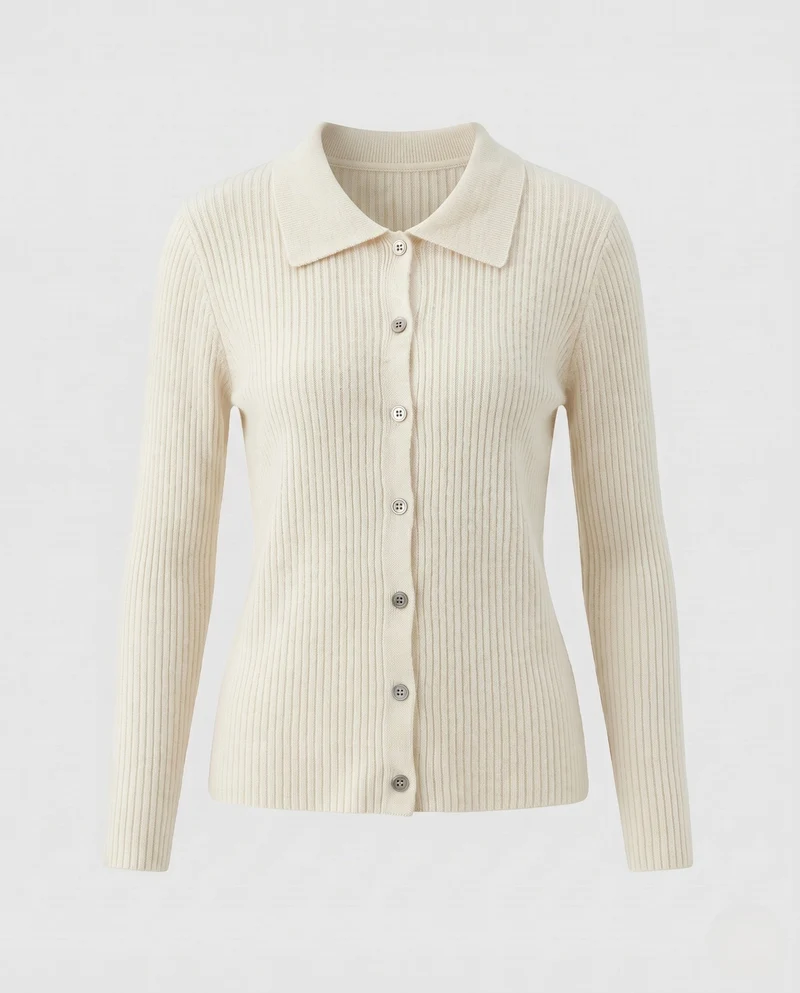 Damen Gerippter Button-Cardigan mit Polokragen und kaschmirähnlicher Weichheit Nord Taschen