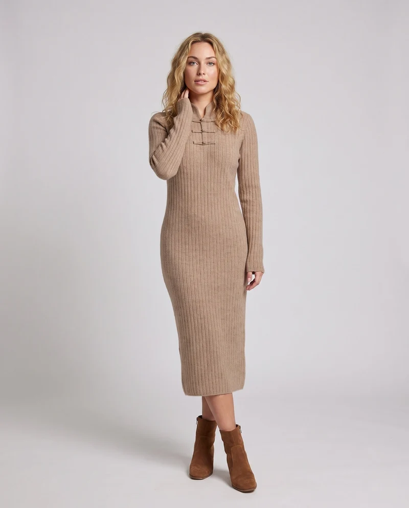 Damen Geripptes Midikleid aus Kaschmir‑Look mit Stehkragen und dekorativer KnNord Taschenelknopfleiste Nord Taschen