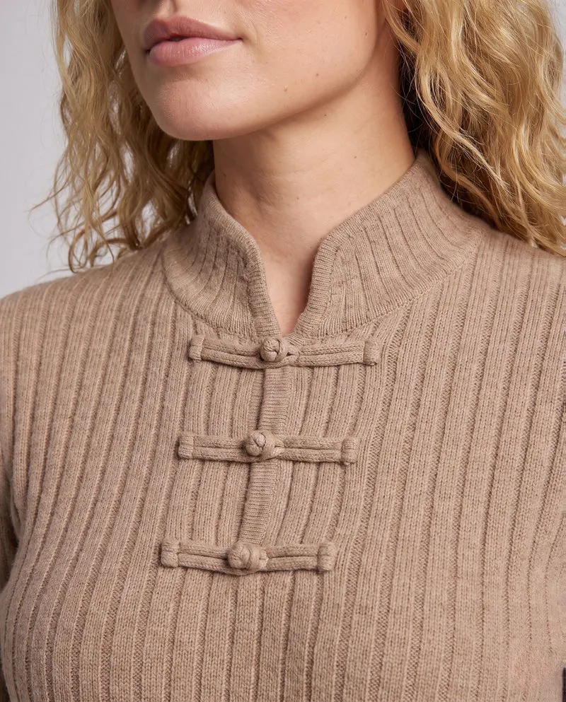 Damen Geripptes Midikleid aus Kaschmir‑Look mit Stehkragen und dekorativer KnNord Taschenelknopfleiste Nord Taschen