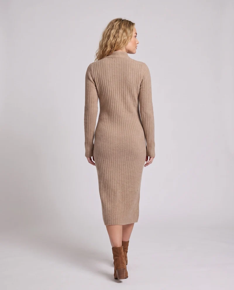 Damen Geripptes Midikleid aus Kaschmir‑Look mit Stehkragen und dekorativer KnNord Taschenelknopfleiste Nord Taschen