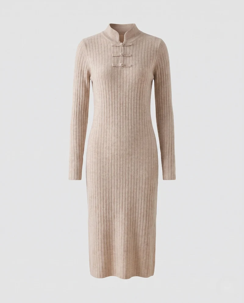 Damen Geripptes Midikleid aus Kaschmir‑Look mit Stehkragen und dekorativer KnNord Taschenelknopfleiste Nord Taschen