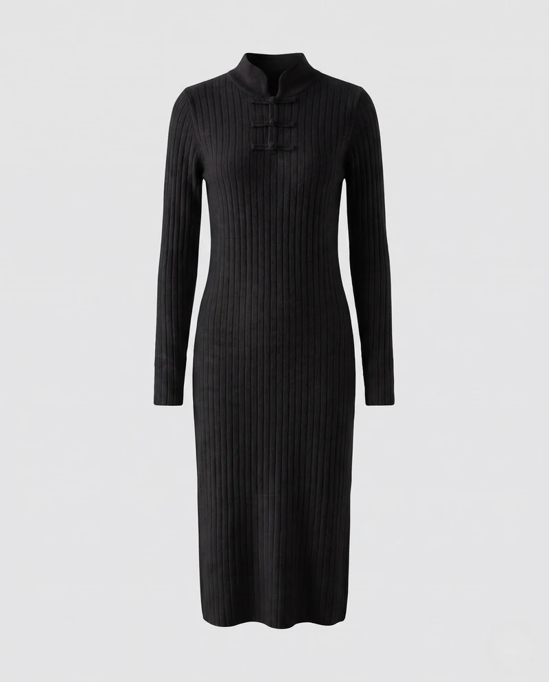 Damen Geripptes Midikleid aus Kaschmir‑Look mit Stehkragen und dekorativer KnNord Taschenelknopfleiste Nord Taschen