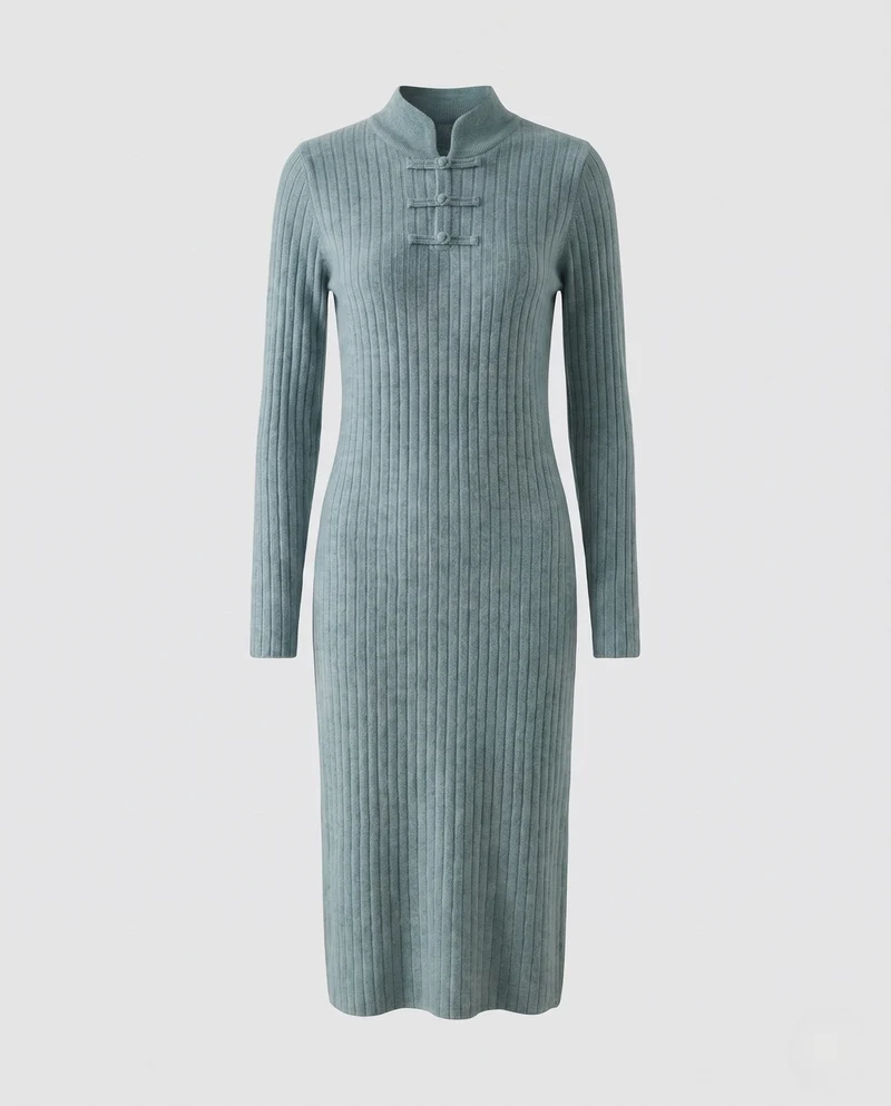 Damen Geripptes Midikleid aus Kaschmir‑Look mit Stehkragen und dekorativer KnNord Taschenelknopfleiste Nord Taschen
