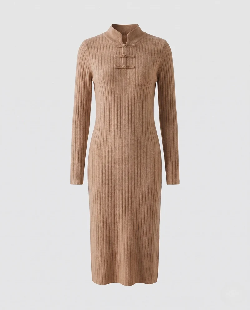 Damen Geripptes Midikleid aus Kaschmir‑Look mit Stehkragen und dekorativer KnNord Taschenelknopfleiste Nord Taschen