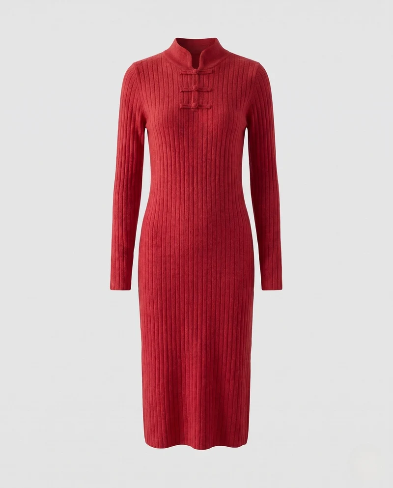 Damen Geripptes Midikleid aus Kaschmir‑Look mit Stehkragen und dekorativer KnNord Taschenelknopfleiste Nord Taschen
