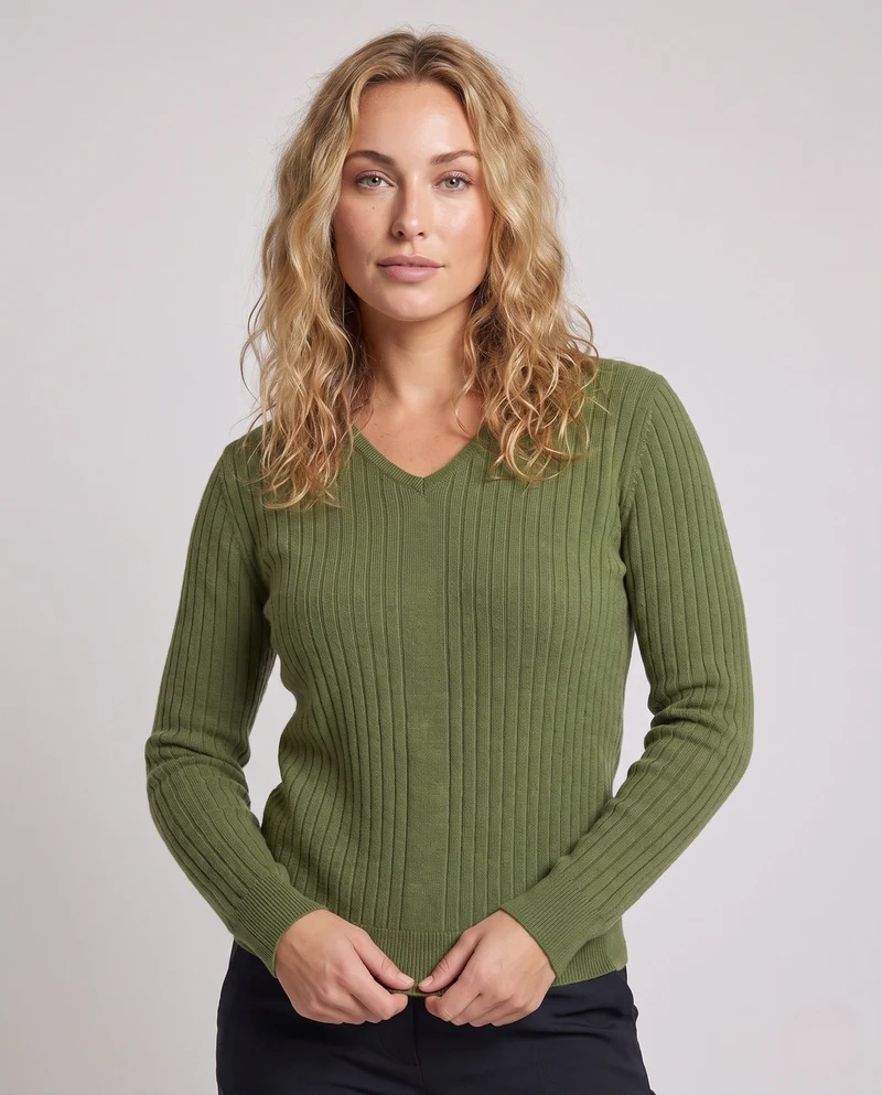 Damen Gerippter V-Ausschnitt Feinstrickpullover mit verlängerten Bündchen und schlanker Passform Nord Taschen