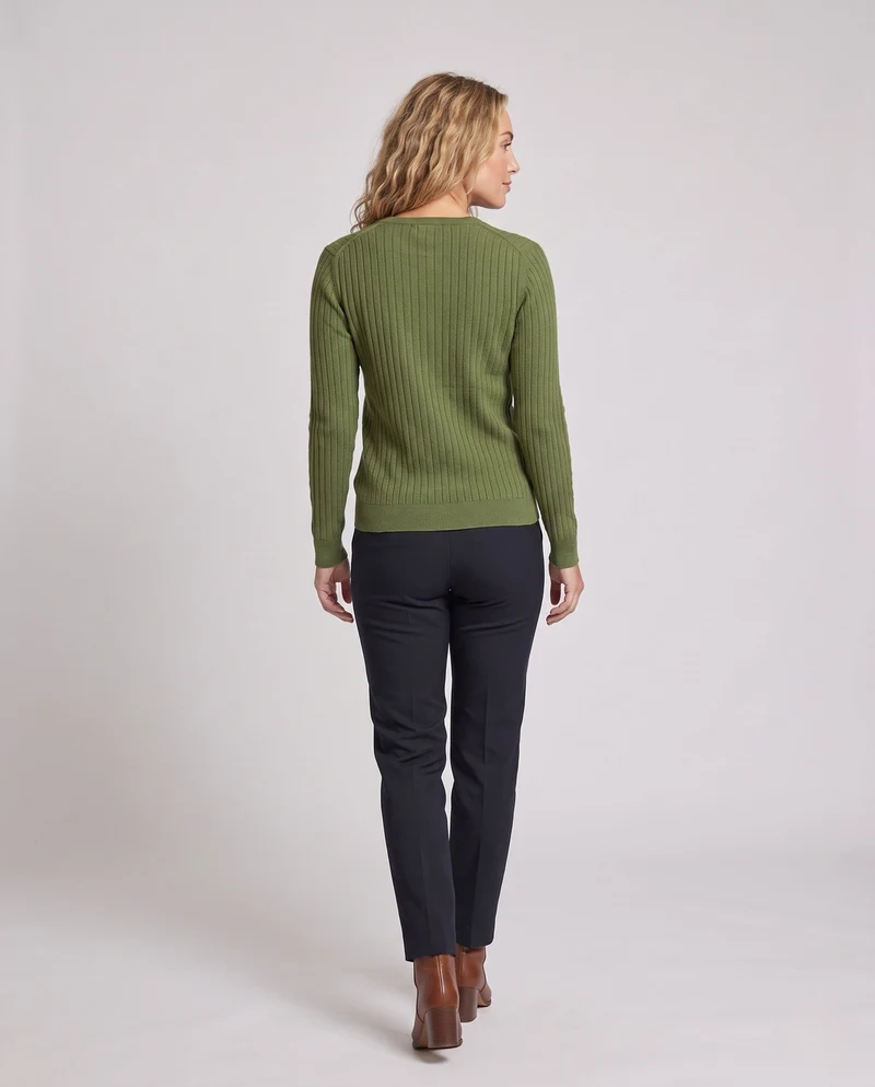 Damen Gerippter V-Ausschnitt Feinstrickpullover mit verlängerten Bündchen und schlanker Passform Nord Taschen