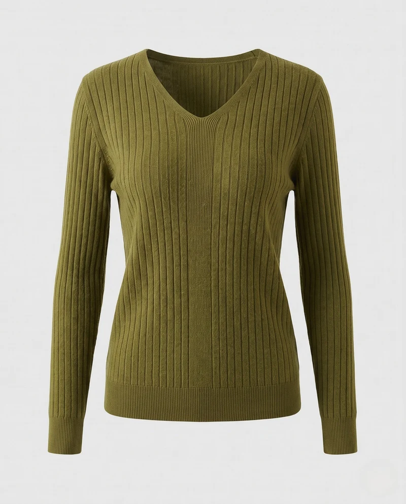 Damen Gerippter V-Ausschnitt Feinstrickpullover mit verlängerten Bündchen und schlanker Passform Nord Taschen
