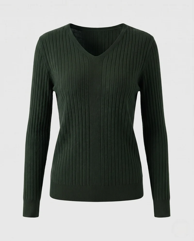 Damen Gerippter V-Ausschnitt Feinstrickpullover mit verlängerten Bündchen und schlanker Passform Nord Taschen