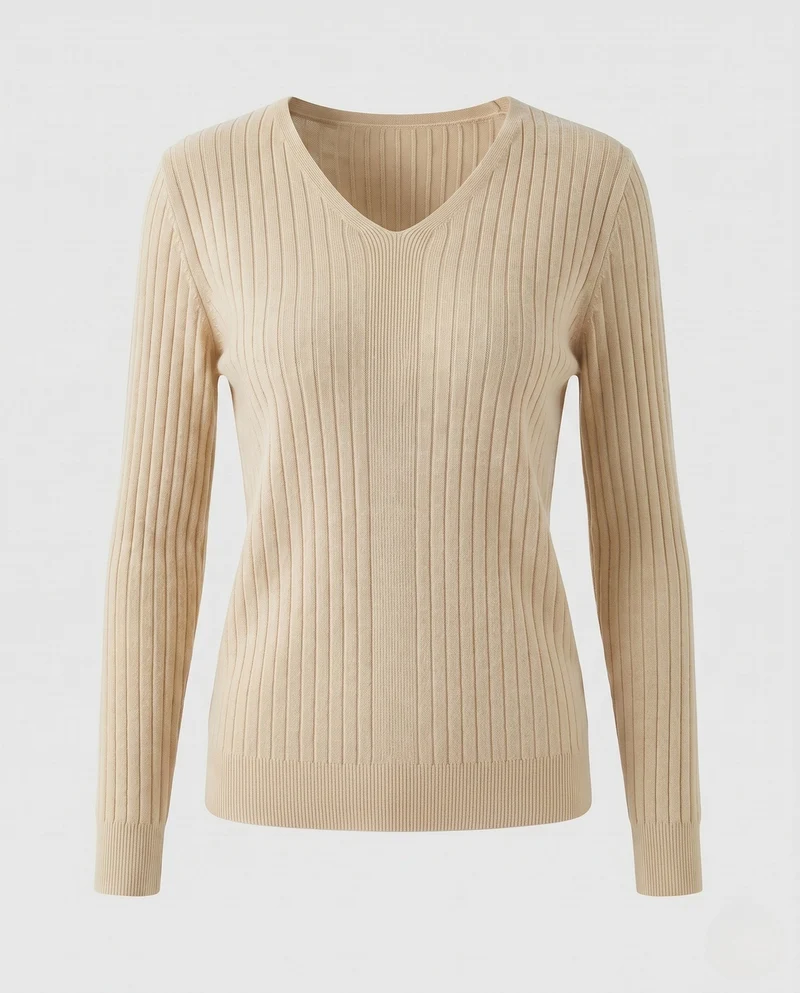 Damen Gerippter V-Ausschnitt Feinstrickpullover mit verlängerten Bündchen und schlanker Passform Nord Taschen