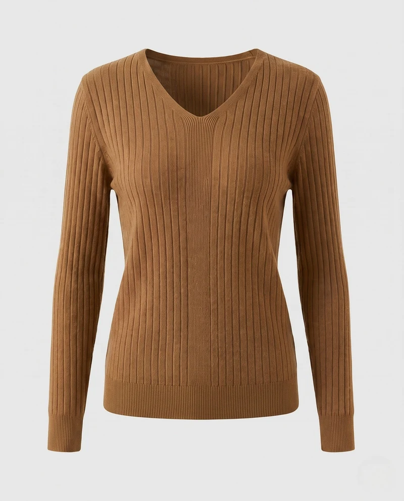 Damen Gerippter V-Ausschnitt Feinstrickpullover mit verlängerten Bündchen und schlanker Passform Nord Taschen