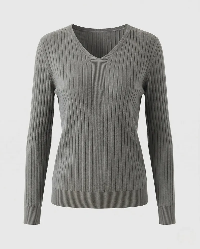 Damen Gerippter V-Ausschnitt Feinstrickpullover mit verlängerten Bündchen und schlanker Passform Nord Taschen