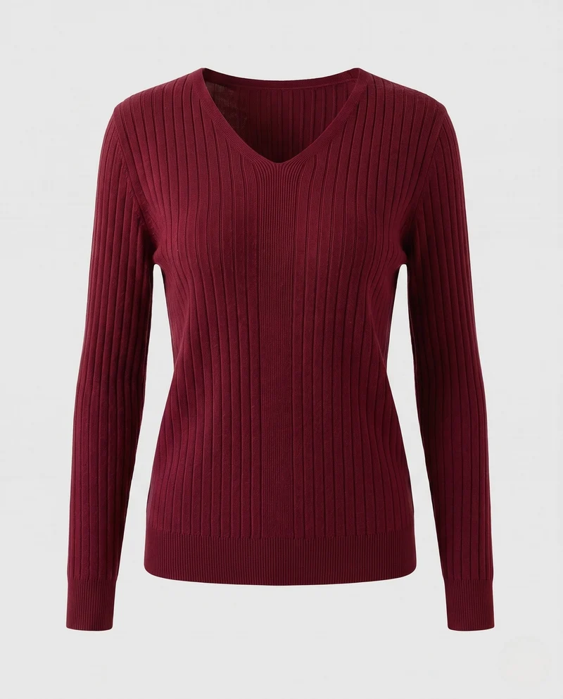 Damen Gerippter V-Ausschnitt Feinstrickpullover mit verlängerten Bündchen und schlanker Passform Nord Taschen
