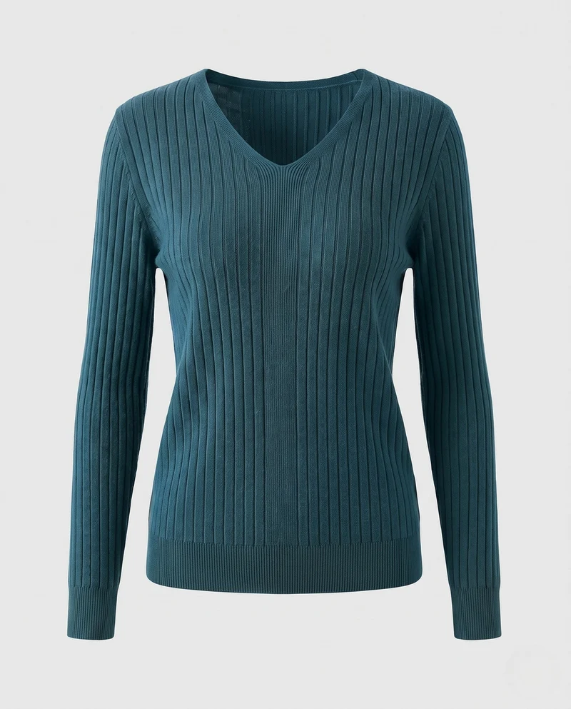 Damen Gerippter V-Ausschnitt Feinstrickpullover mit verlängerten Bündchen und schlanker Passform Nord Taschen