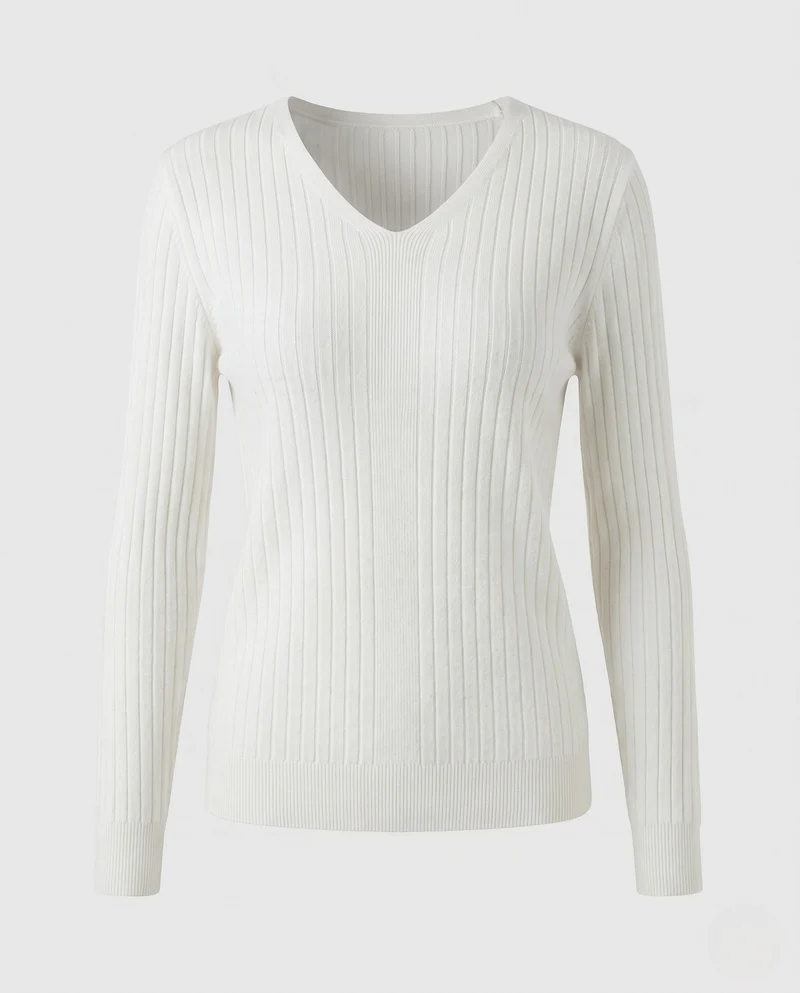 Damen Gerippter V-Ausschnitt Feinstrickpullover mit verlängerten Bündchen und schlanker Passform Nord Taschen