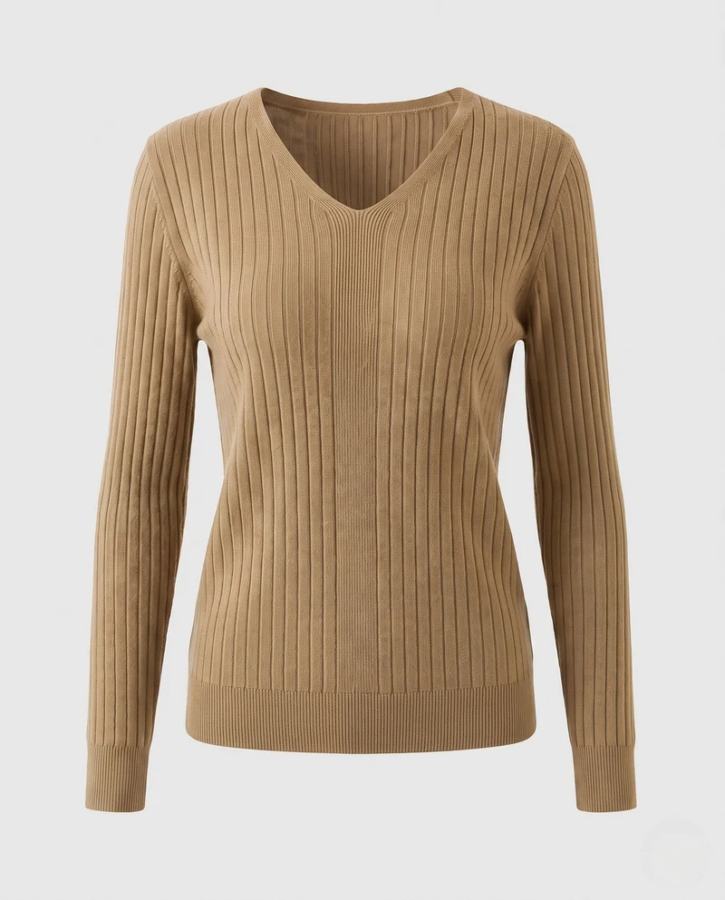 Damen Gerippter V-Ausschnitt Feinstrickpullover mit verlängerten Bündchen und schlanker Passform Nord Taschen