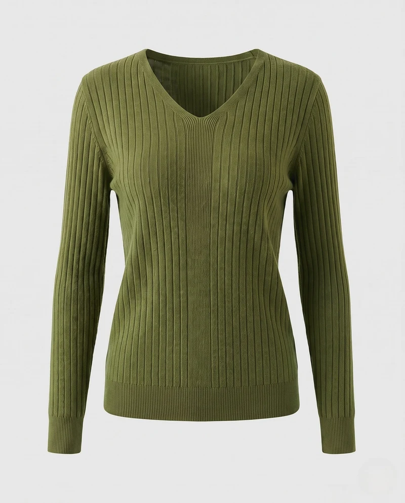 Damen Gerippter V-Ausschnitt Feinstrickpullover mit verlängerten Bündchen und schlanker Passform Nord Taschen