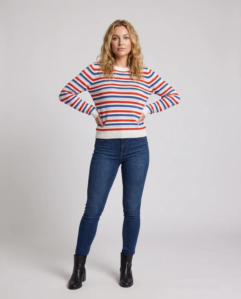 Damen Gestreifter Baumwollmix-Feinstrickpullover mit Ajourstruktur und Rundhals Nord Taschen