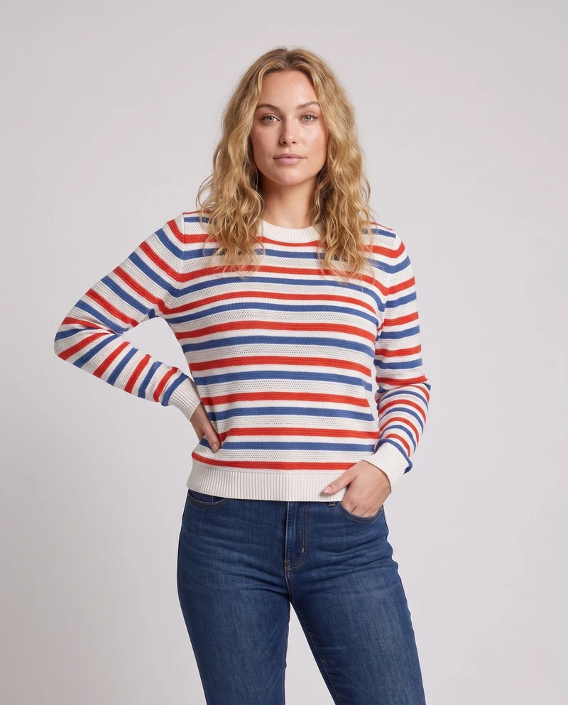 Damen Gestreifter Baumwollmix-Feinstrickpullover mit Ajourstruktur und Rundhals Nord Taschen