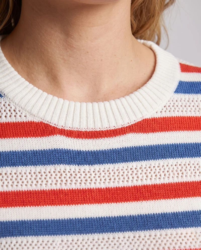 Damen Gestreifter Baumwollmix-Feinstrickpullover mit Ajourstruktur und Rundhals Nord Taschen
