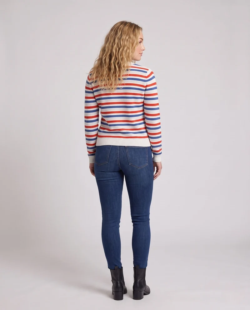 Damen Gestreifter Baumwollmix-Feinstrickpullover mit Ajourstruktur und Rundhals Nord Taschen