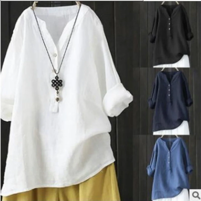 Damen Leinenbluse mit halbem Knopfverschluss und lässigem Schnitt