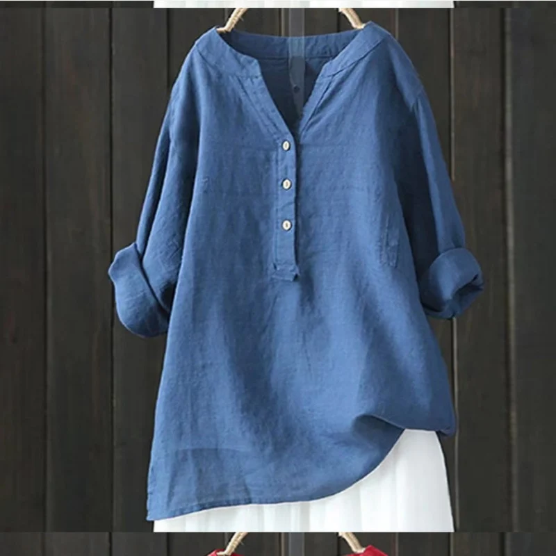 Damen Leinenbluse mit halbem Knopfverschluss und lässigem Schnitt