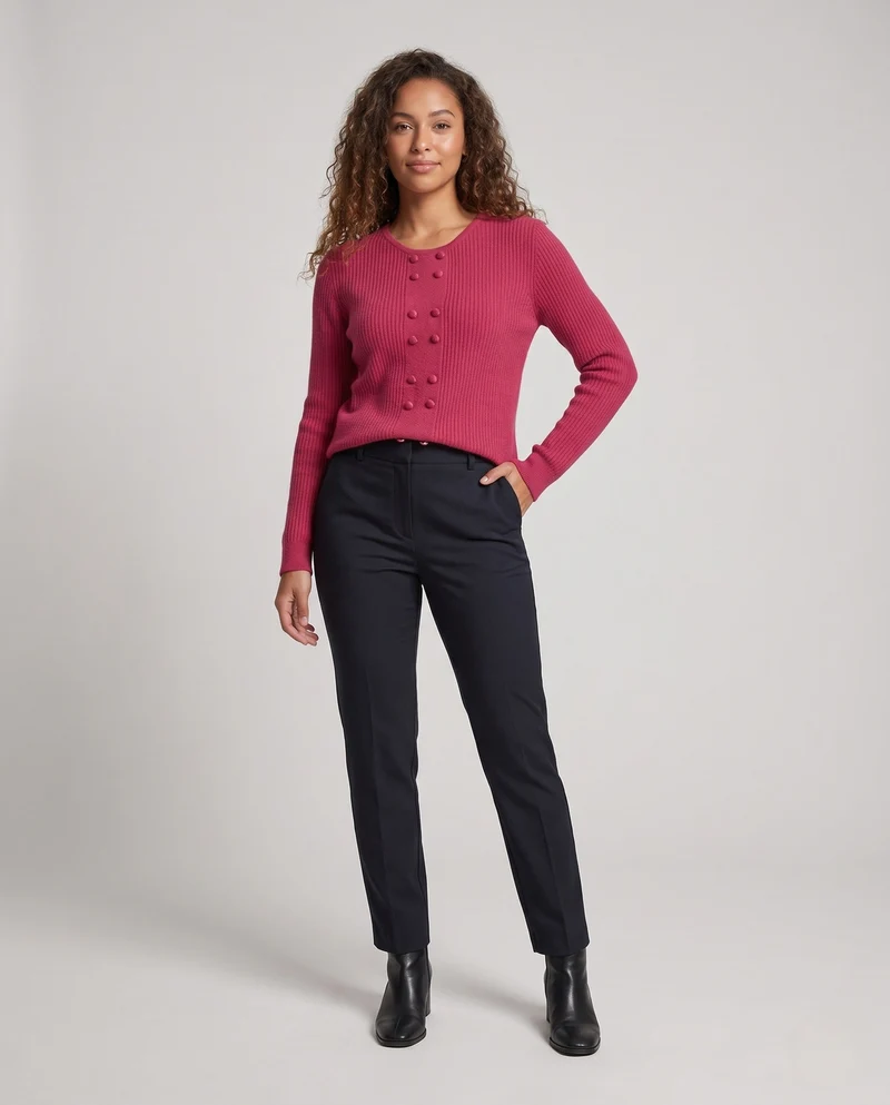 Damen Feiner Rippstrick-Pullover mit dekorativer Knopf‑Bommelpasse und Rundhalsausschnitt Nord Taschen