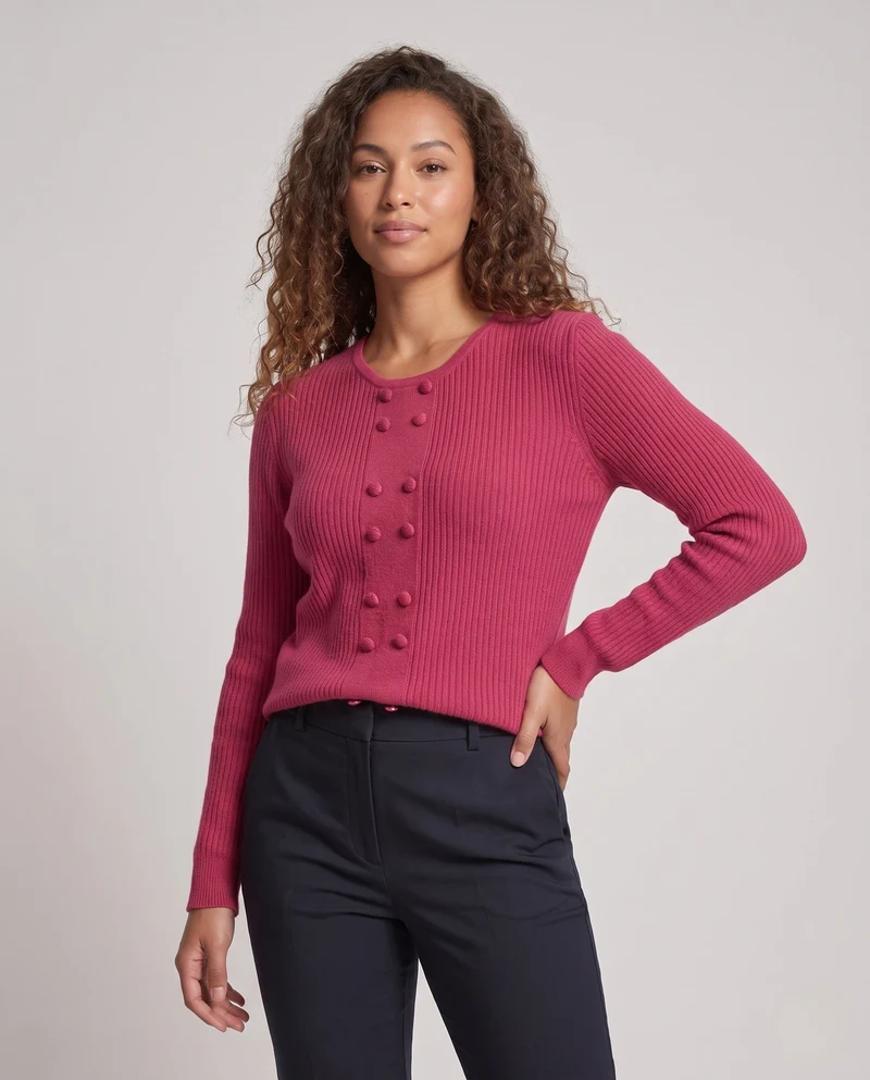 Damen Feiner Rippstrick-Pullover mit dekorativer Knopf‑Bommelpasse und Rundhalsausschnitt Nord Taschen