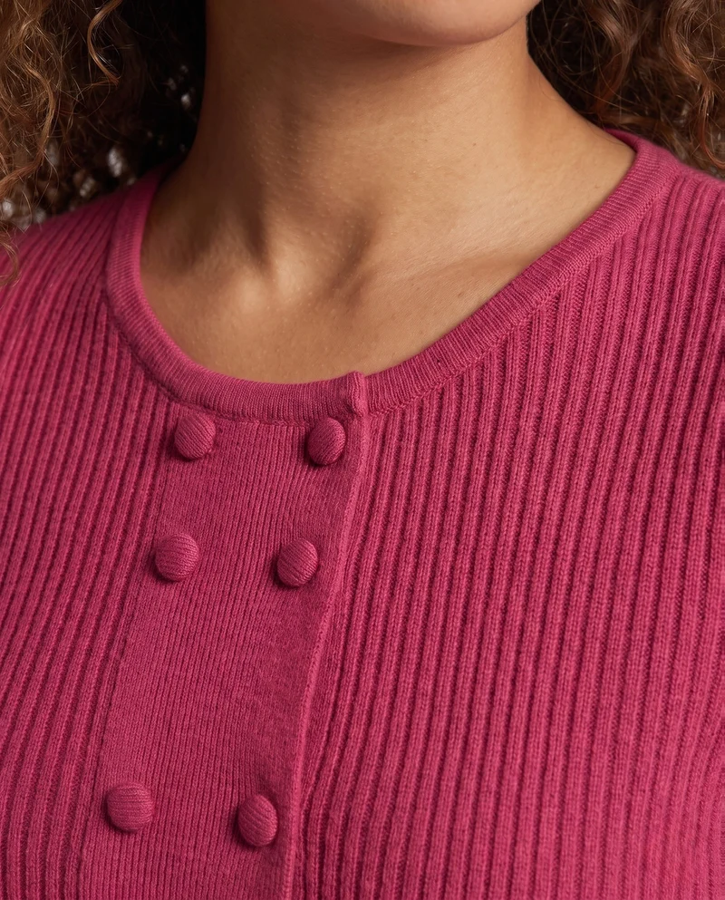 Damen Feiner Rippstrick-Pullover mit dekorativer Knopf‑Bommelpasse und Rundhalsausschnitt Nord Taschen