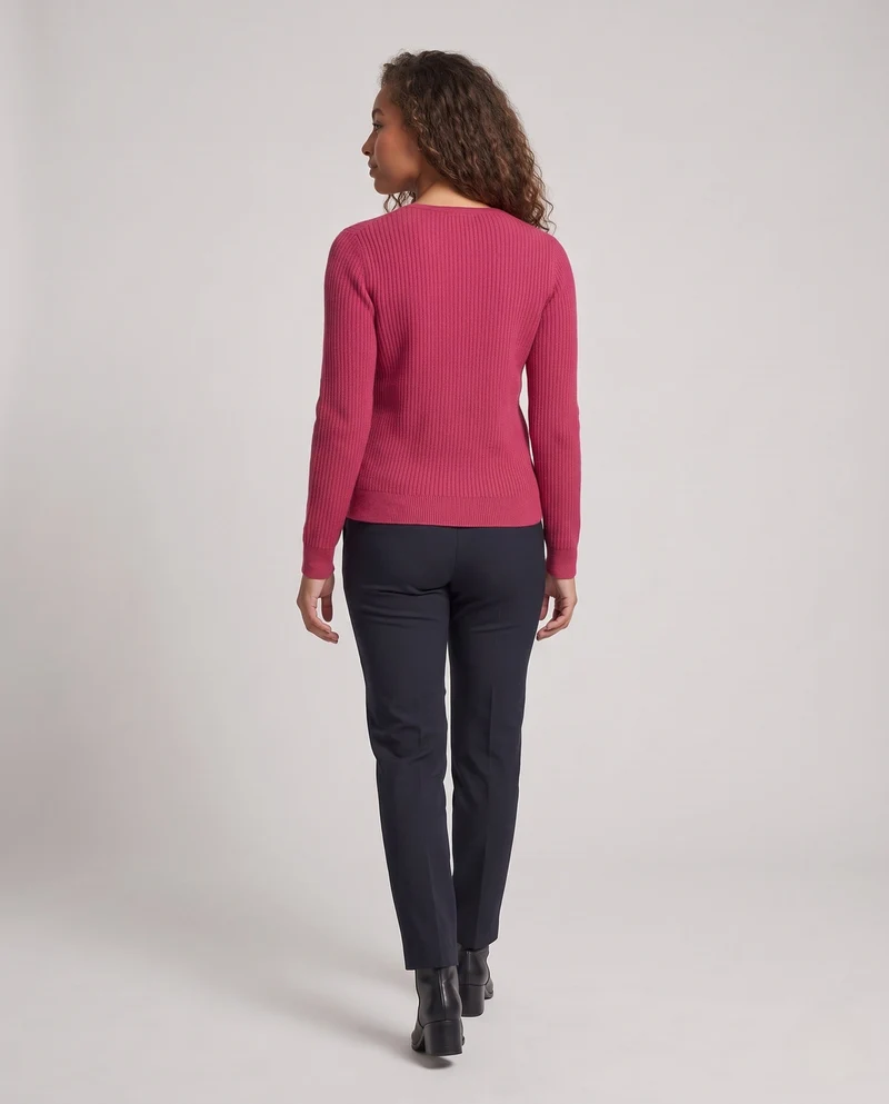Damen Feiner Rippstrick-Pullover mit dekorativer Knopf‑Bommelpasse und Rundhalsausschnitt Nord Taschen