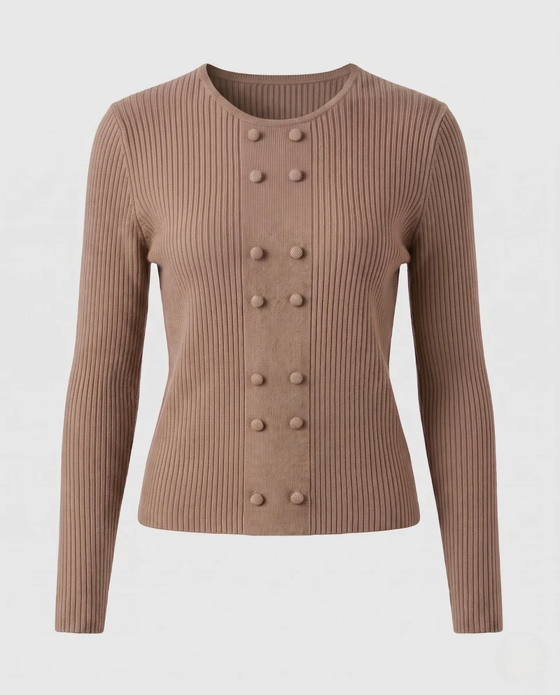 Damen Feiner Rippstrick-Pullover mit dekorativer Knopf‑Bommelpasse und Rundhalsausschnitt Nord Taschen