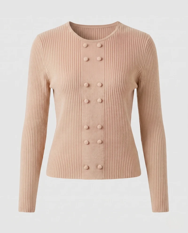 Damen Feiner Rippstrick-Pullover mit dekorativer Knopf‑Bommelpasse und Rundhalsausschnitt Nord Taschen