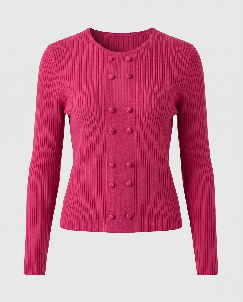 Damen Feiner Rippstrick-Pullover mit dekorativer Knopf‑Bommelpasse und Rundhalsausschnitt Nord Taschen