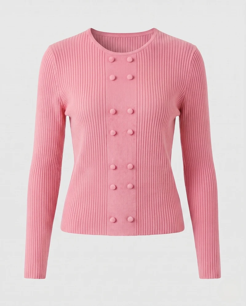 Damen Feiner Rippstrick-Pullover mit dekorativer Knopf‑Bommelpasse und Rundhalsausschnitt Nord Taschen