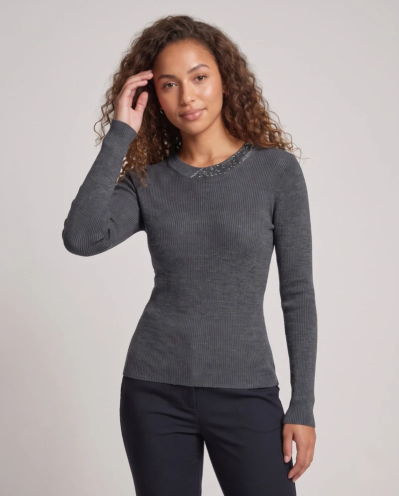Damen Feiner Rippenstrickpullover mit kontrastierendem Glitzerkragen Nord Taschen