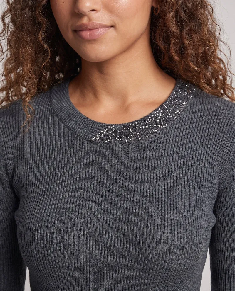 Damen Feiner Rippenstrickpullover mit kontrastierendem Glitzerkragen Nord Taschen