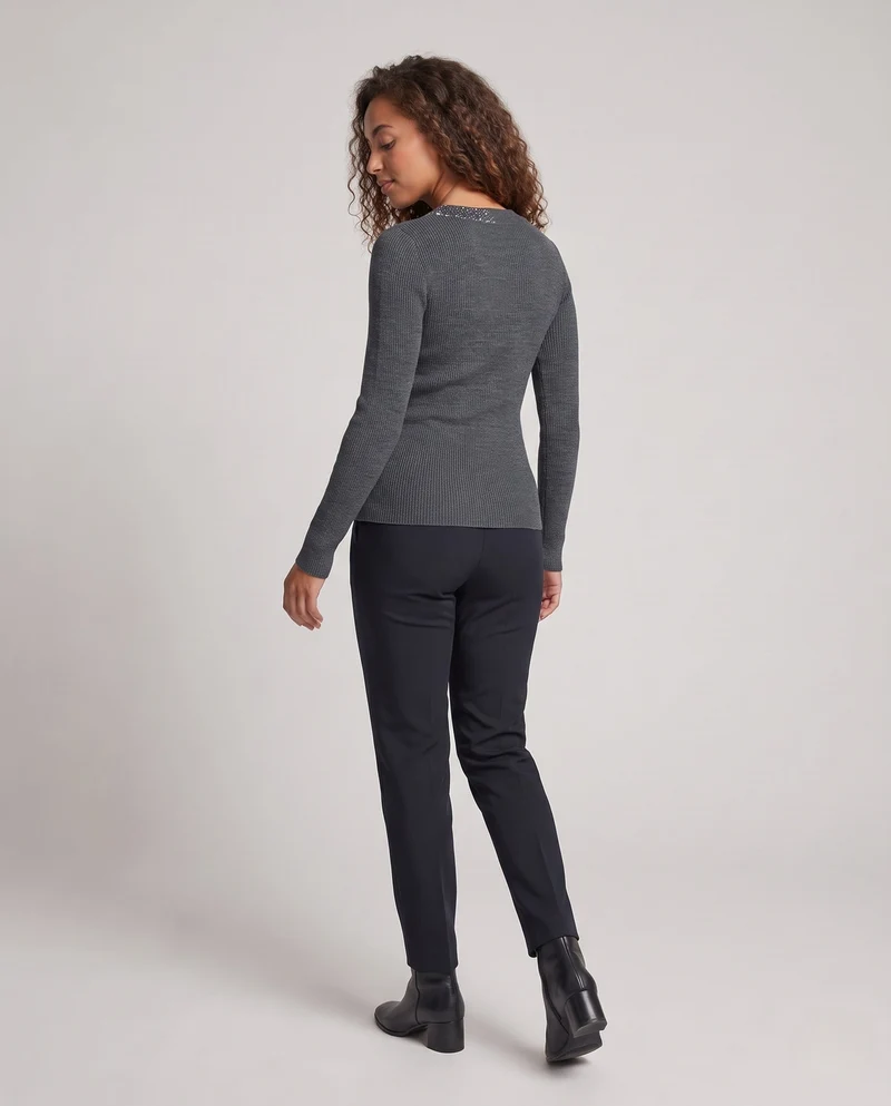 Damen Feiner Rippenstrickpullover mit kontrastierendem Glitzerkragen Nord Taschen
